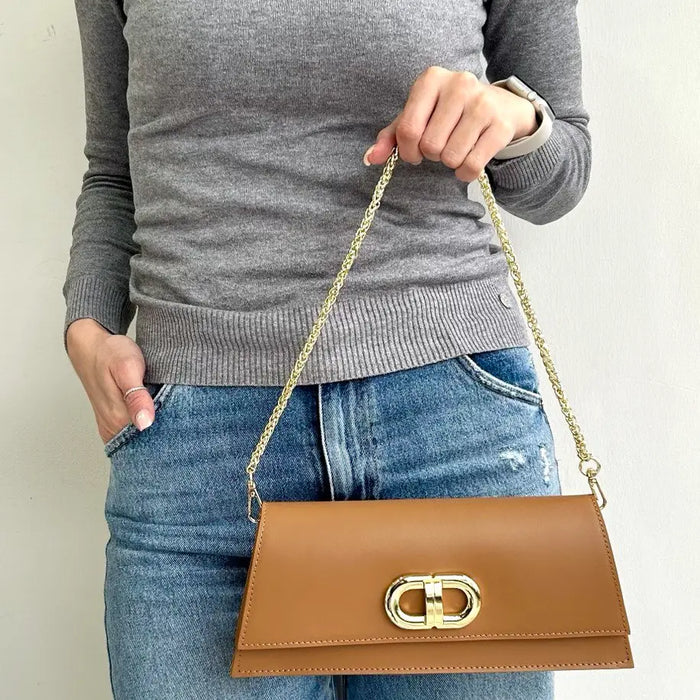 NEW! ITALIAN CAMEL LEATHER CHIC CLUTCH CROSSBODY GOLD CHAIN