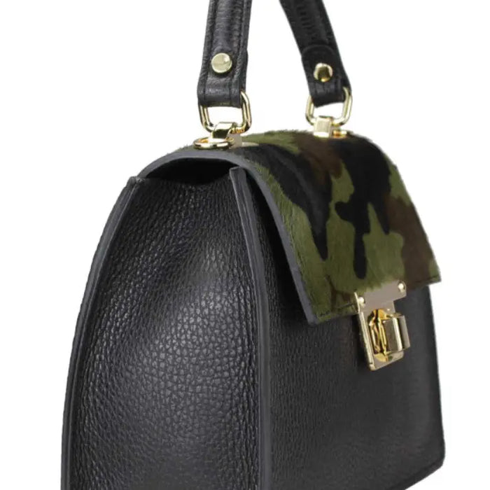 NEW! 612 ITALIAN CAMO AND BLACK LEATHER HANDBAG WITH GOLD CHAIN