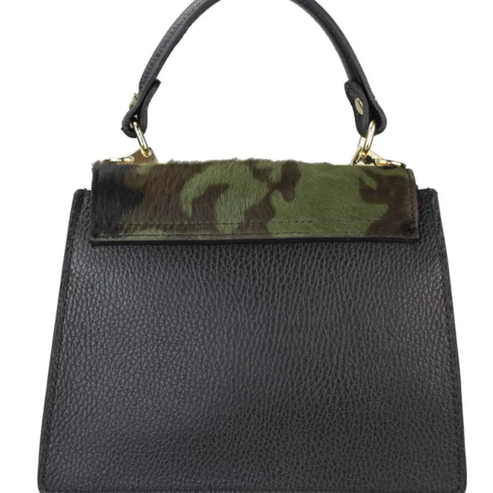NEW! 612 ITALIAN CAMO AND BLACK LEATHER HANDBAG WITH GOLD CHAIN