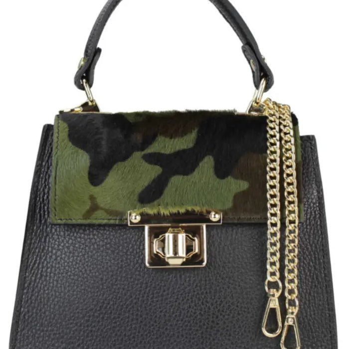 NEW! 612 ITALIAN CAMO AND BLACK LEATHER HANDBAG WITH GOLD CHAIN