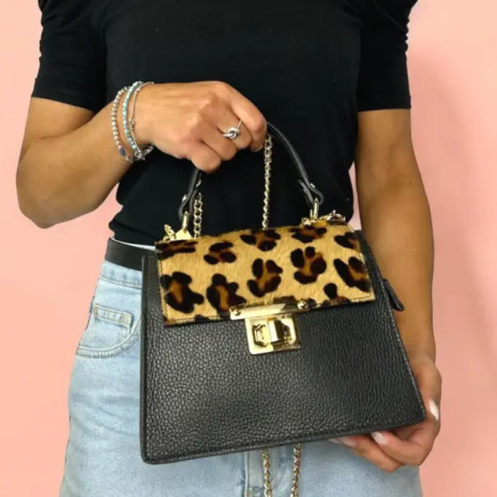 NEW! 613 ITALIAN LEOPARD & BLACK LEATHER HANDBAG WITH GOLD CHAIN