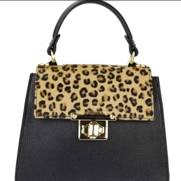 NEW! 614 ITALIAN CHEETAH & BLACK LEATHER SATCHEL WITH GOLD CHAIN