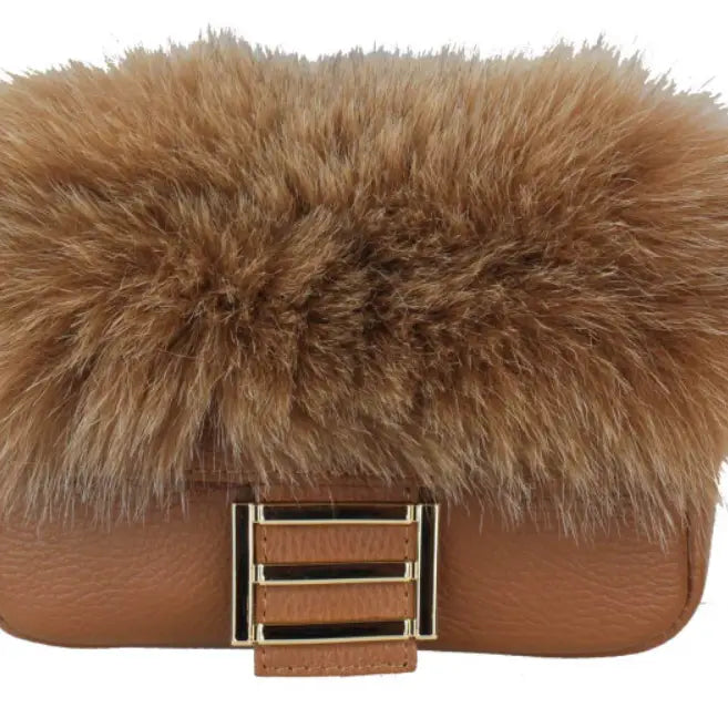 NEW! 910 ITALIAN CAMEL FUR AND LEATHER HANDBAG WITH GOLD CHAIN
