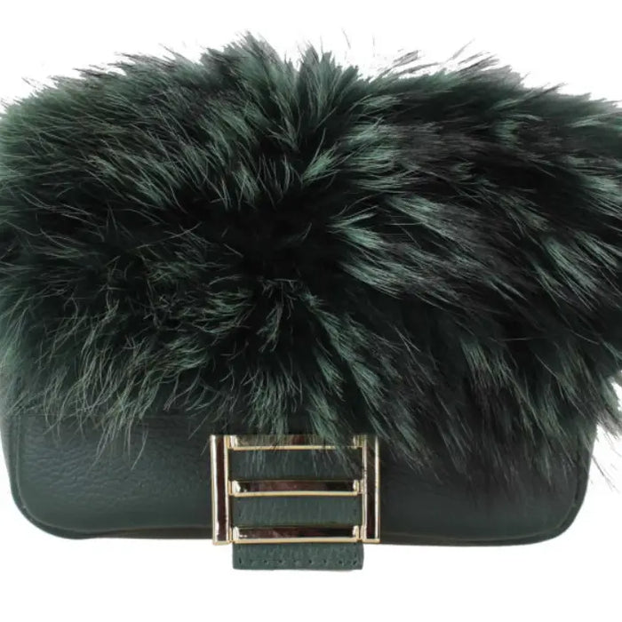 NEW! 911 ITALIAN GREEN FUR AND LEATHER BAG WITH GOLD CHAIN