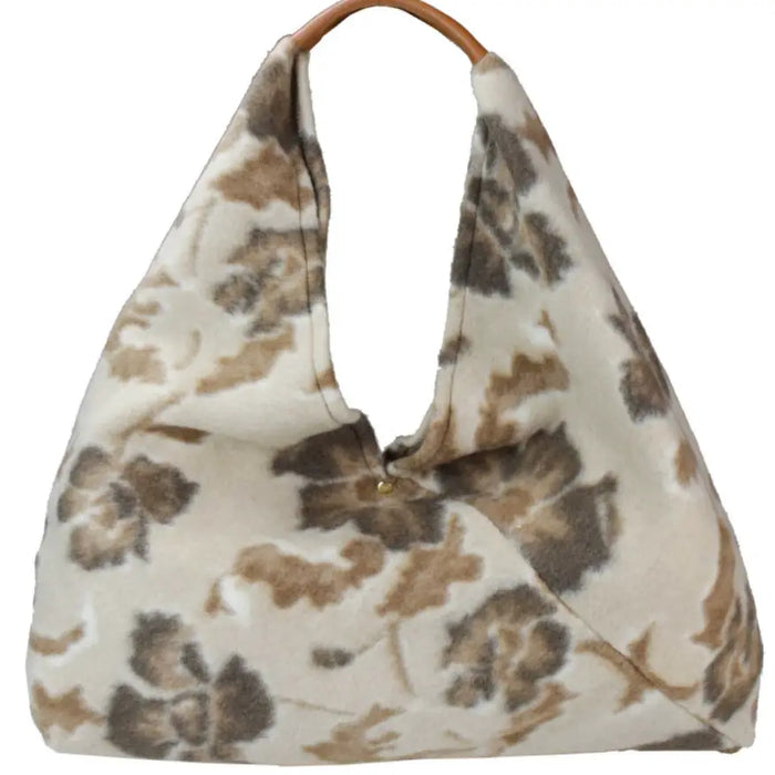 NEW! 925 ITALIAN BEIGE FLORAL WOOL HANDBAG W/ LEATHER HANDLE