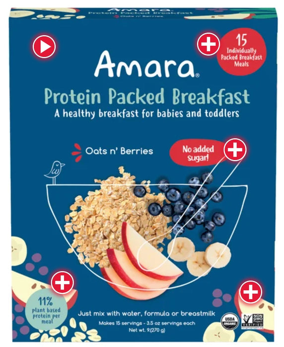 AMARA BABY AND TODDLER PROTEIN PACKED BREAKFAST CEREAL OATS AND BERRIES, 15 MEALS