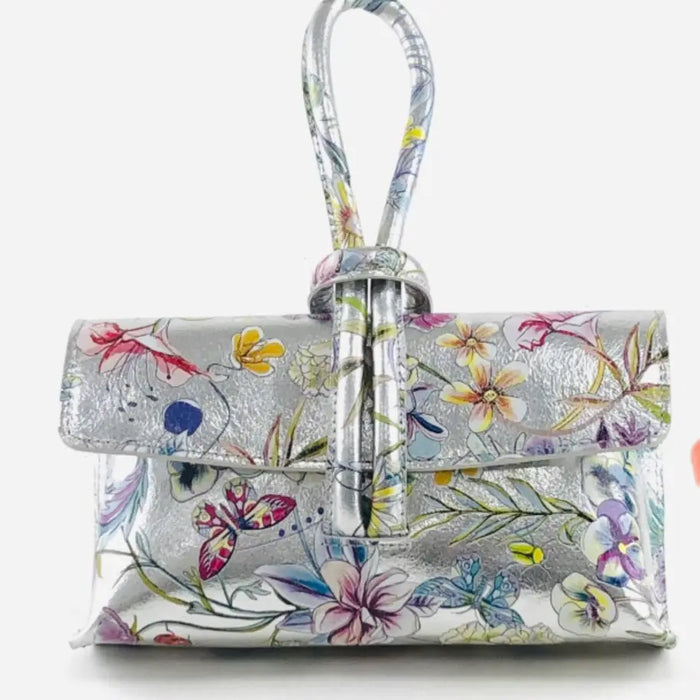 NEW! BETTY ITALIAN SILVER FLORAL LEATHER CROSSBODY BAG