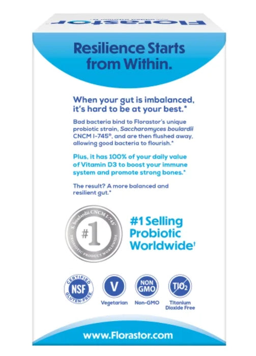 FLORASTOR DAILY PROBIOTIC WITH VITAMIN D3, 120 VEGETARIAN CAPSULES