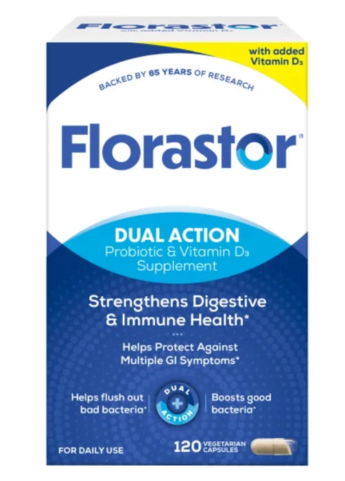 FLORASTOR DAILY PROBIOTIC WITH VITAMIN D3, 120 VEGETARIAN CAPSULES