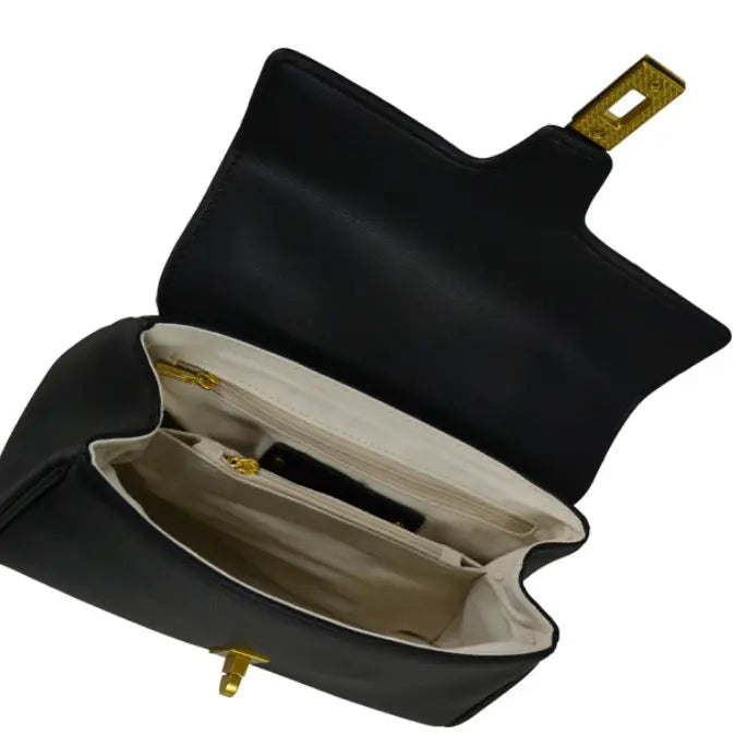 NEW! IT55 BLACK LEATHER HANDBAG WITH GOLD CLASP