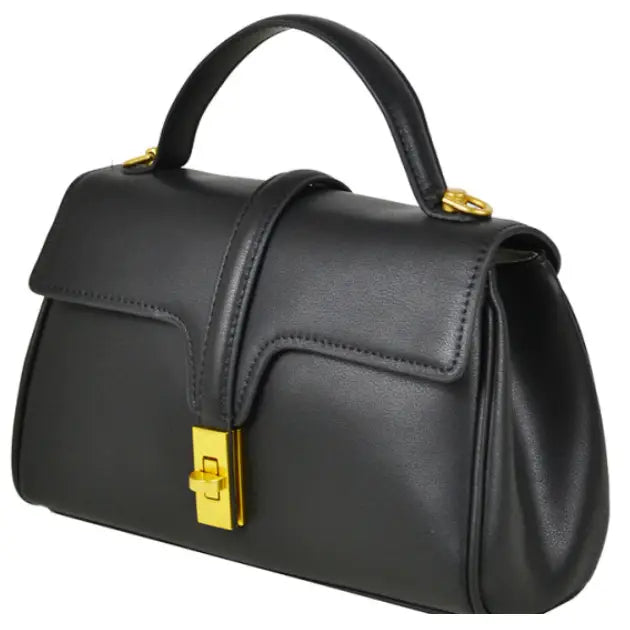 NEW! IT55 BLACK LEATHER HANDBAG WITH GOLD CLASP