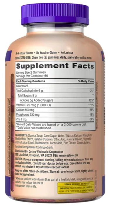 KIRKLAND SIGNATURE CALCIUM 500 MG WITH D3 & ZINC, 240 ADULT GUMMIES, 2-PACK