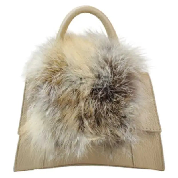 NEW! MDOBE ITALIAN BEIGE LEATHER CROSSBODY BAG MATCHING REAL FUR