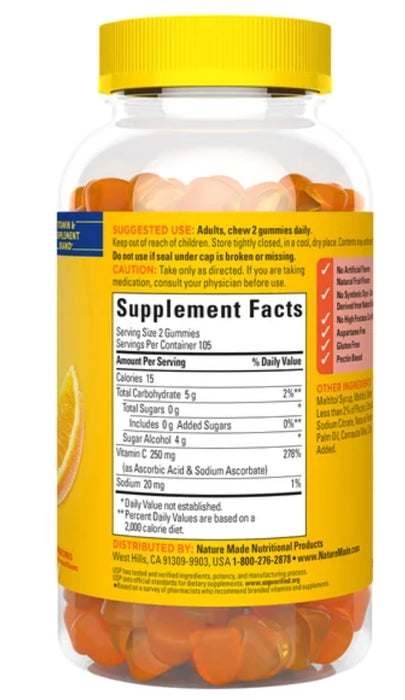 NATURE MADE ZERO SUGAR VITAMIN C GUMMIES 250 MG., 210 GUMMIES