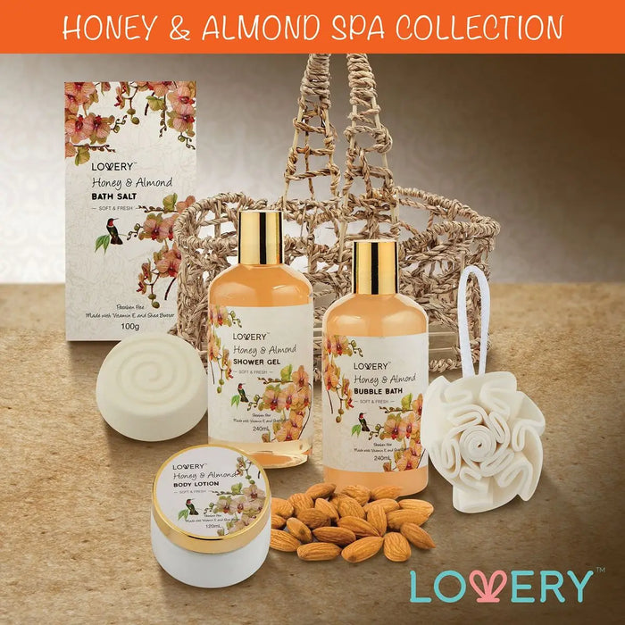 HOME SPA GIFT BASKET - HONEY ALMOND SCENT - LUXURY BATH SET