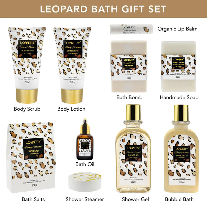 LEOPARD HOME SPA KIT IN HONEY ALMOND, 21PC BATH & BODY GIFT