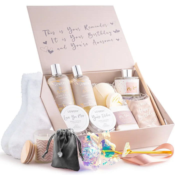 BIRTHDAY GIFT BASKET - BATH & SPA GIFT SET WITH CZ NECKLACE