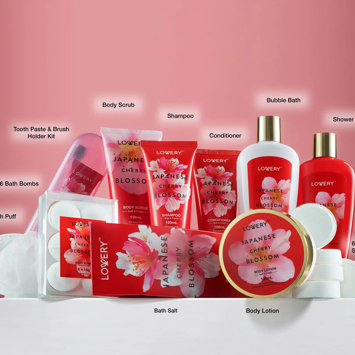 JAPANESE CHERRY BLOSSOM BATH SET, 25PC SPA LEATHER BAG