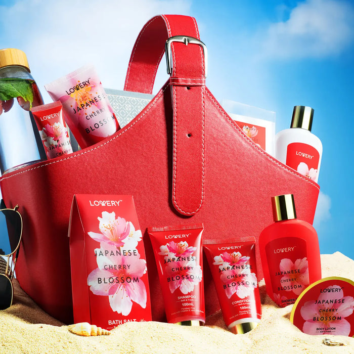 JAPANESE CHERRY BLOSSOM BATH SET, 25PC SPA LEATHER BAG