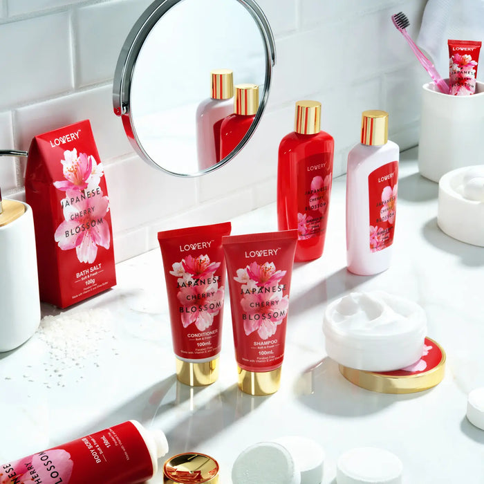 JAPANESE CHERRY BLOSSOM BATH SET, 25PC SPA LEATHER BAG