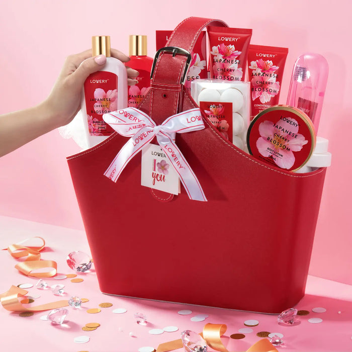 JAPANESE CHERRY BLOSSOM BATH SET, 25PC SPA LEATHER BAG