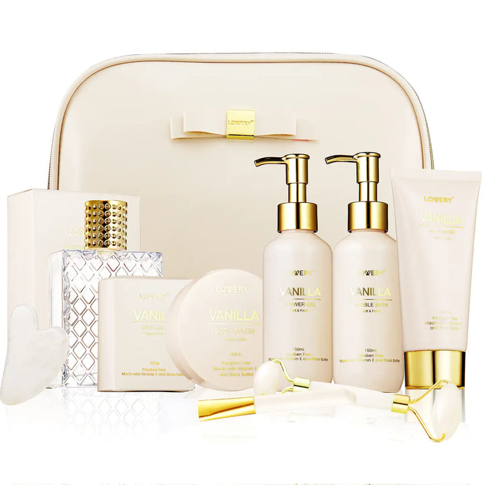 LUXURY SPA KIT PREMIUM VANILLA BATH AND BODY IN LEATHER BAG