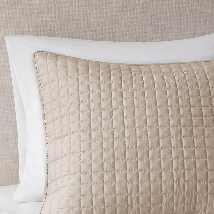 CHECKERED QUILTED 3-PIECE REVERSIBLE COVERLET SET, KHAKI