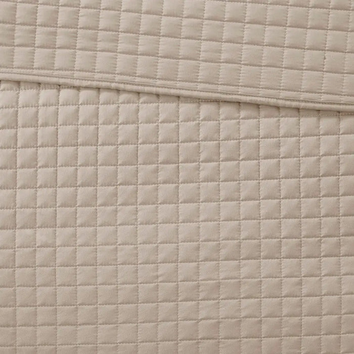 CHECKERED QUILTED 3-PIECE REVERSIBLE COVERLET SET, KHAKI