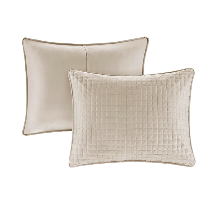 CHECKERED QUILTED 3-PIECE REVERSIBLE COVERLET SET, KHAKI