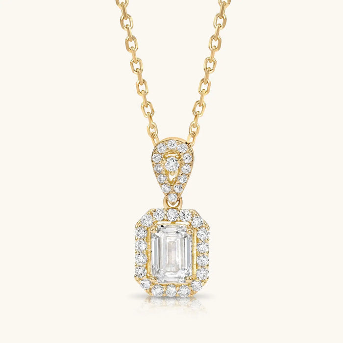 14K SOLID GOLD EMERALD DIAMOND NECKLACE WITH DIAMOND HALO