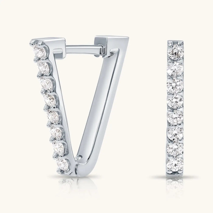 14K SOLID GOLD V-SHAPE HUGGIE HOOP DIAMOND EARRING