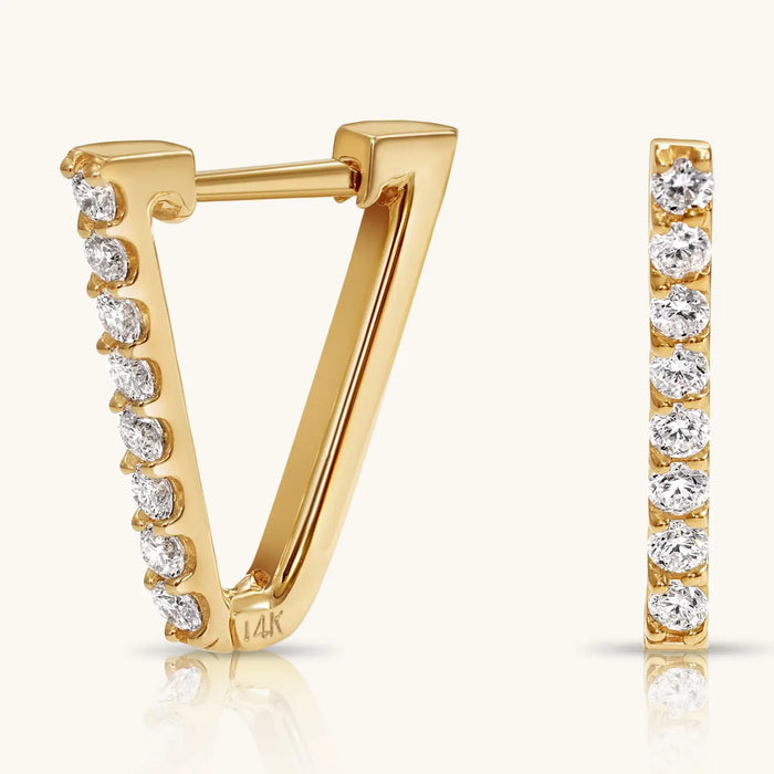 14K SOLID GOLD V-SHAPE HUGGIE HOOP DIAMOND EARRING