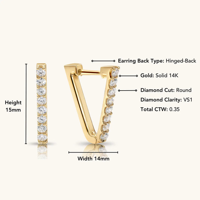 14K SOLID GOLD V-SHAPE HUGGIE HOOP DIAMOND EARRING