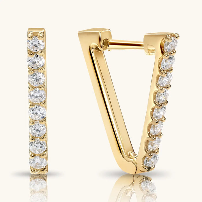 14K SOLID GOLD V-SHAPE HUGGIE HOOP DIAMOND EARRING