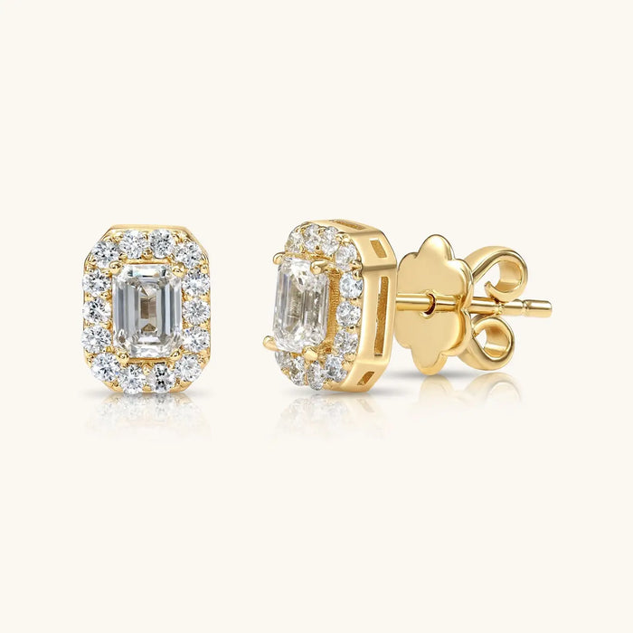 14K SOLID GOLD AND DIAMOND EMERALD STUD EARRINGS - PUSH BACK