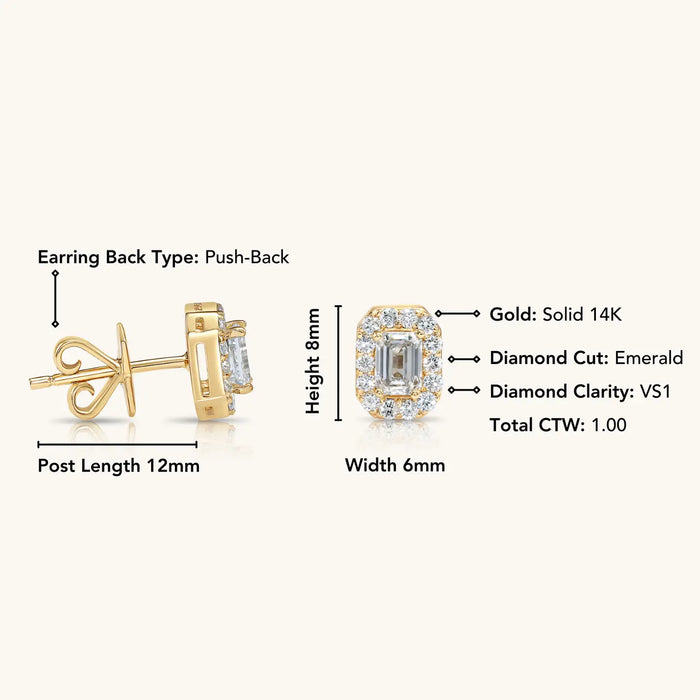 14K SOLID GOLD AND DIAMOND EMERALD STUD EARRINGS - PUSH BACK