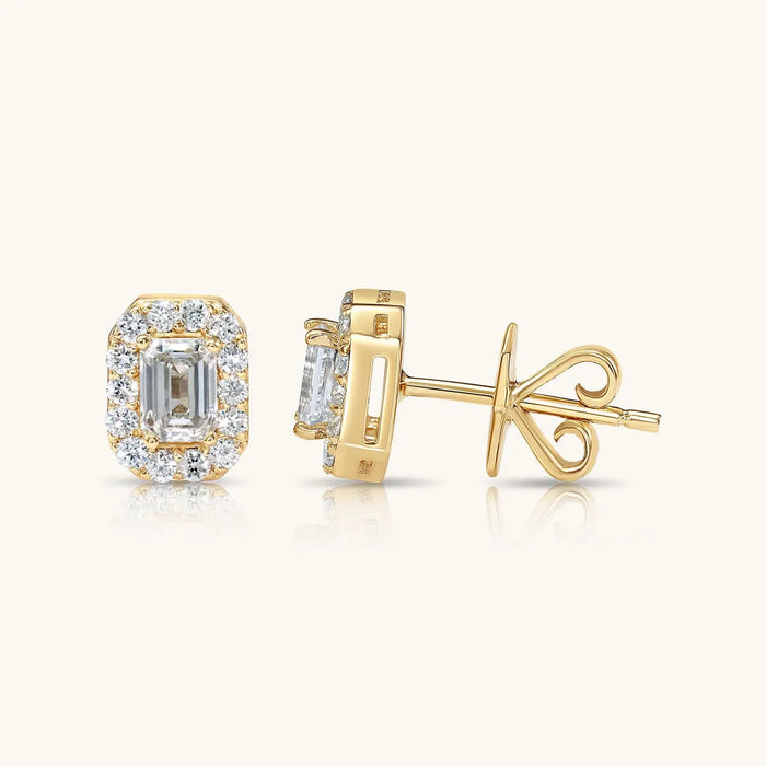 14K SOLID GOLD AND DIAMOND EMERALD STUD EARRINGS - PUSH BACK