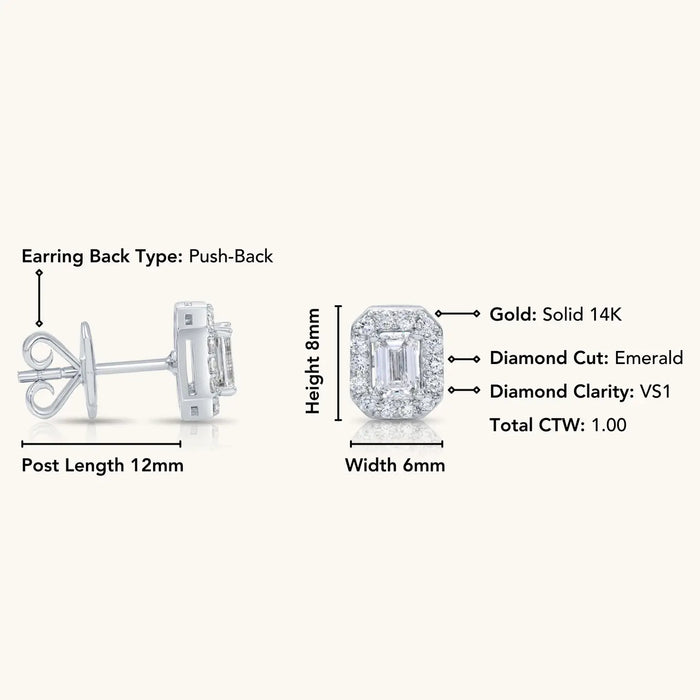 14K SOLID GOLD AND DIAMOND EMERALD STUD EARRINGS - PUSH BACK
