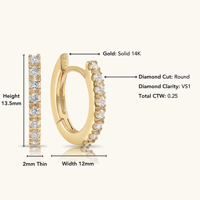 14K SOLID GOLD SMALL HUGGIE HOOP EARRINGS WITH DIAMONDS