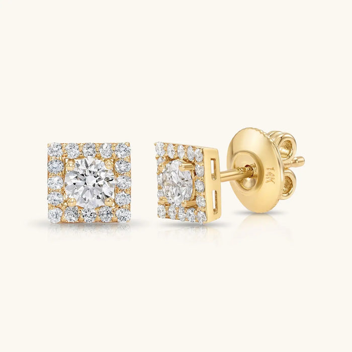 14K YELLOW GOLD AND DIAMOND SQUARE STUD EARRINGS