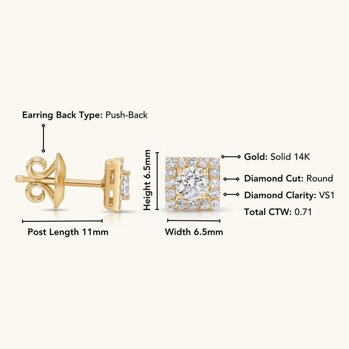 14K YELLOW GOLD AND DIAMOND SQUARE STUD EARRINGS