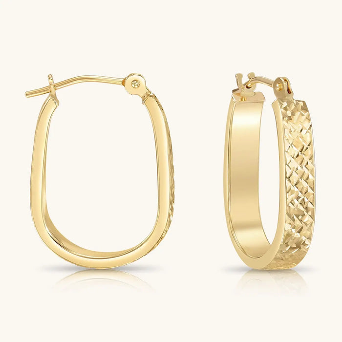 14K GOLD SQUARE 'U' HOOPS WITH HAND ENGRAVED DESIGN