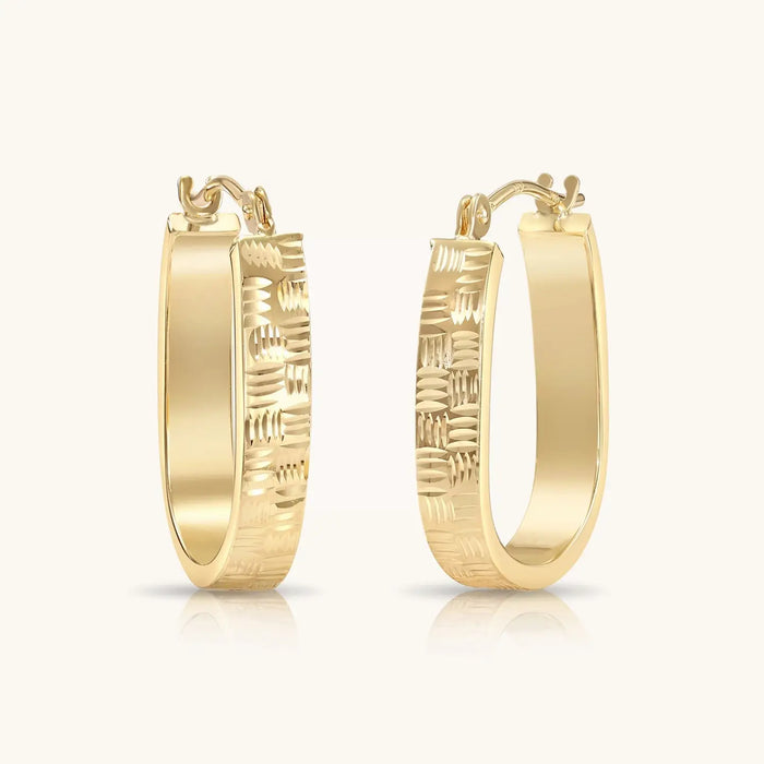 14K GOLD SQUARE 'U' HOOPS WITH HAND ENGRAVED DESIGN