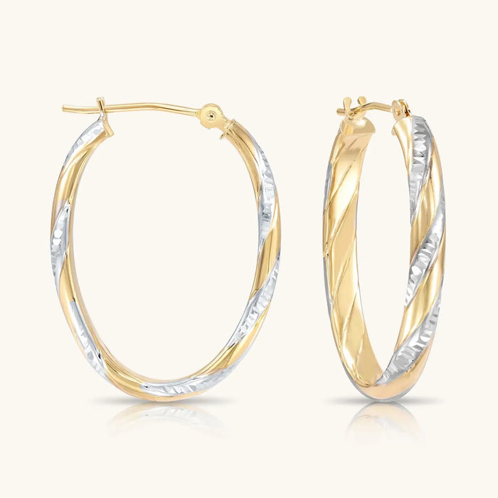 14K GOLD OVAL TWIST HOOPS WITH HAND ENGRAVED DIAMOND-CUT