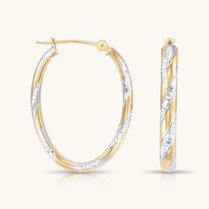14K GOLD OVAL TWIST HOOPS WITH HAND ENGRAVED DIAMOND-CUT