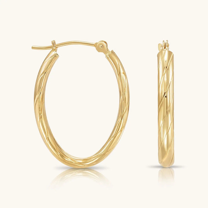 14K GOLD OVAL TWIST HOOPS WITH HAND ENGRAVED DIAMOND-CUT