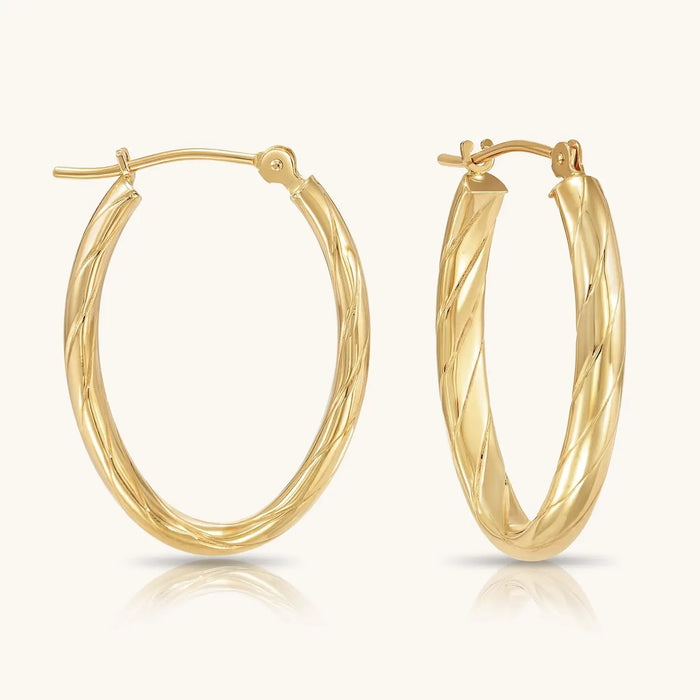 14K GOLD OVAL TWIST HOOPS WITH HAND ENGRAVED DIAMOND-CUT