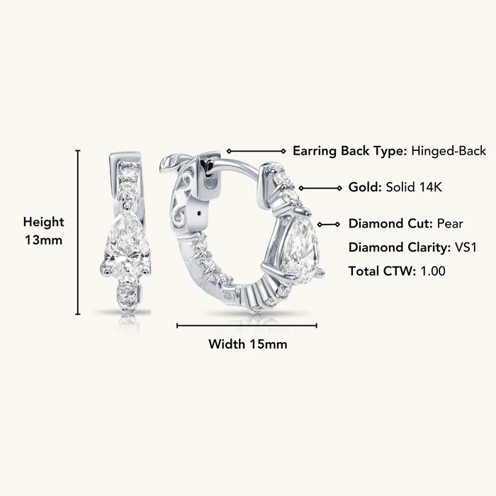 14K GOLD DIAMOND HOOP EARRINGS WITH PEAR SHAPE DIAMONDS