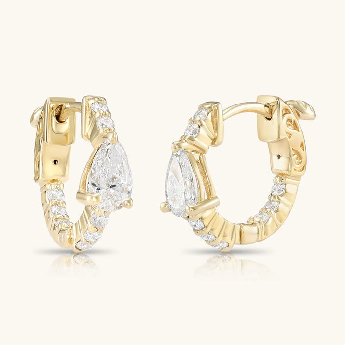 14K GOLD DIAMOND HOOP EARRINGS WITH PEAR SHAPE DIAMONDS