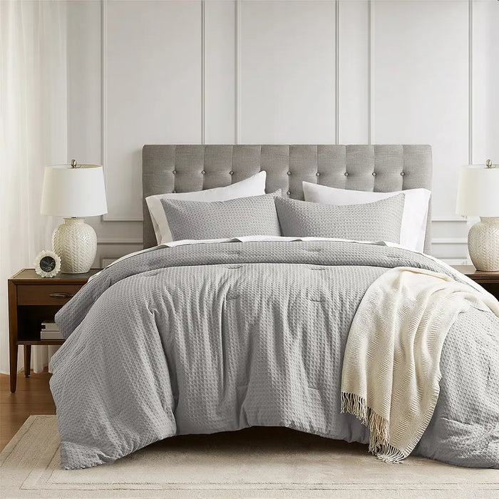 WAFFLE WEAVE TEXTURED ALL SEASON COMFORTER SET, LIGHT GREY